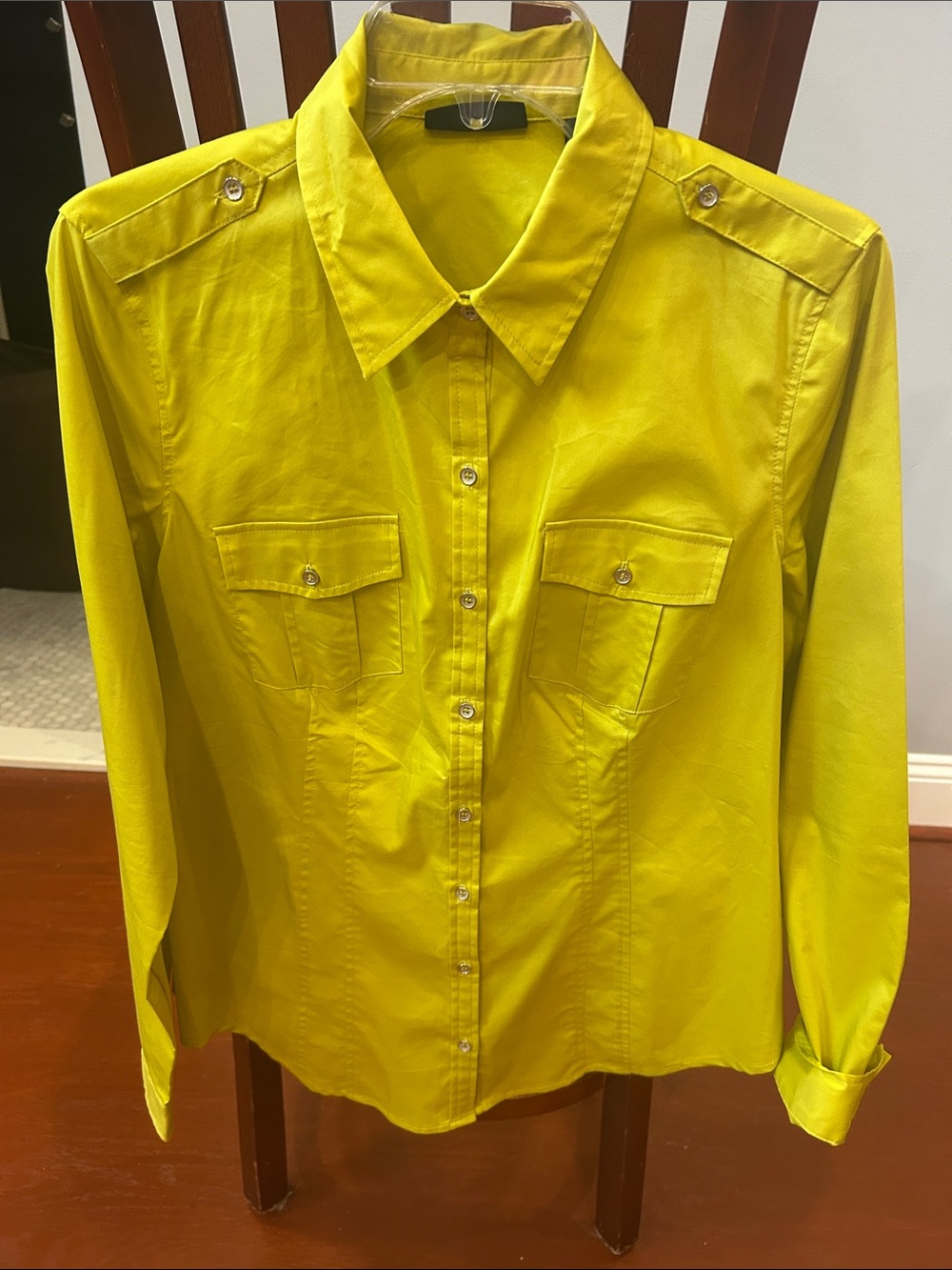 Bright Yellow Button-Front Women's Shirt with Epaulet Details